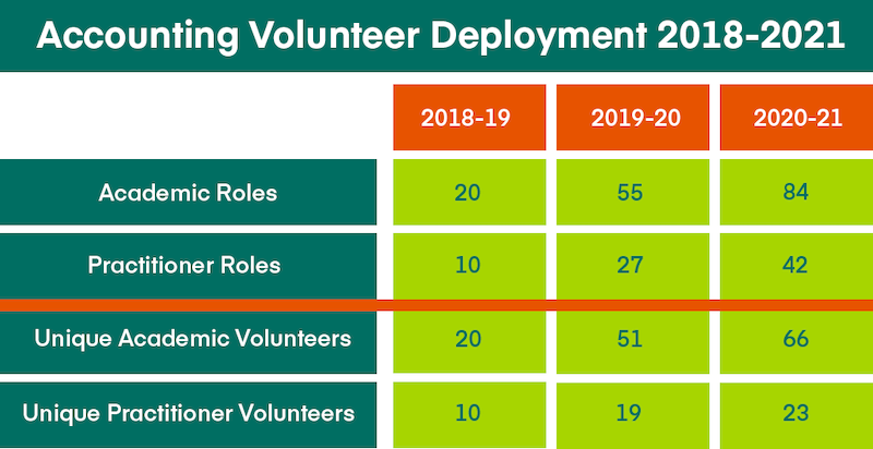 graphic in dark green, lime green and orange showing how academic and practitioner volunteers are deployed in accounting peer review team visits