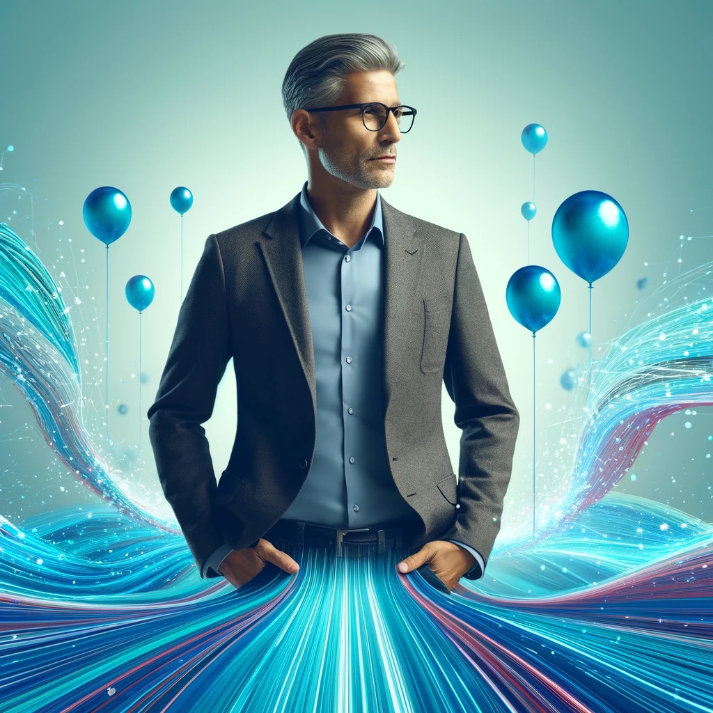 Illustration of a man against a futuristic blue background, surrounded by blue helium balloons