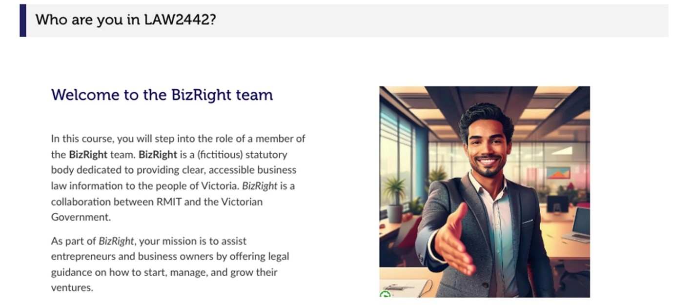 "Welcome to the BizRight team" introduction text blurb, to the right: an AI-generated image of a young- to-mid-aged businessman outstretching his right hand for a handshake directed toward to reader