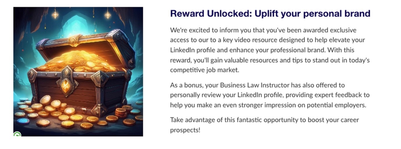 "Reward Unlocked: Uplift your personal brand" text blurb, to the left: an AI-generated image of a wooden chest is opened to reveal a large pile of gold coins, some coins also are scattered on the ground in front of the chest