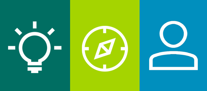Three white-outlined icons against colored backgrounds: a lightbulb against dark teal, a compass against bright green, and a person against bright blue