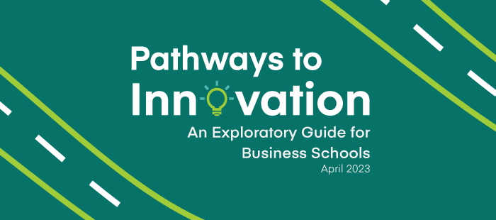 Cover image for AACSB's Pathways to Innovation: An Exploratory Guide for Business Schools. Outline of a road crossing over cover.