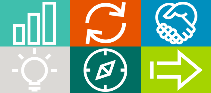 six icons on colorful backgrounds from AACSB 2024 state of accreditation report